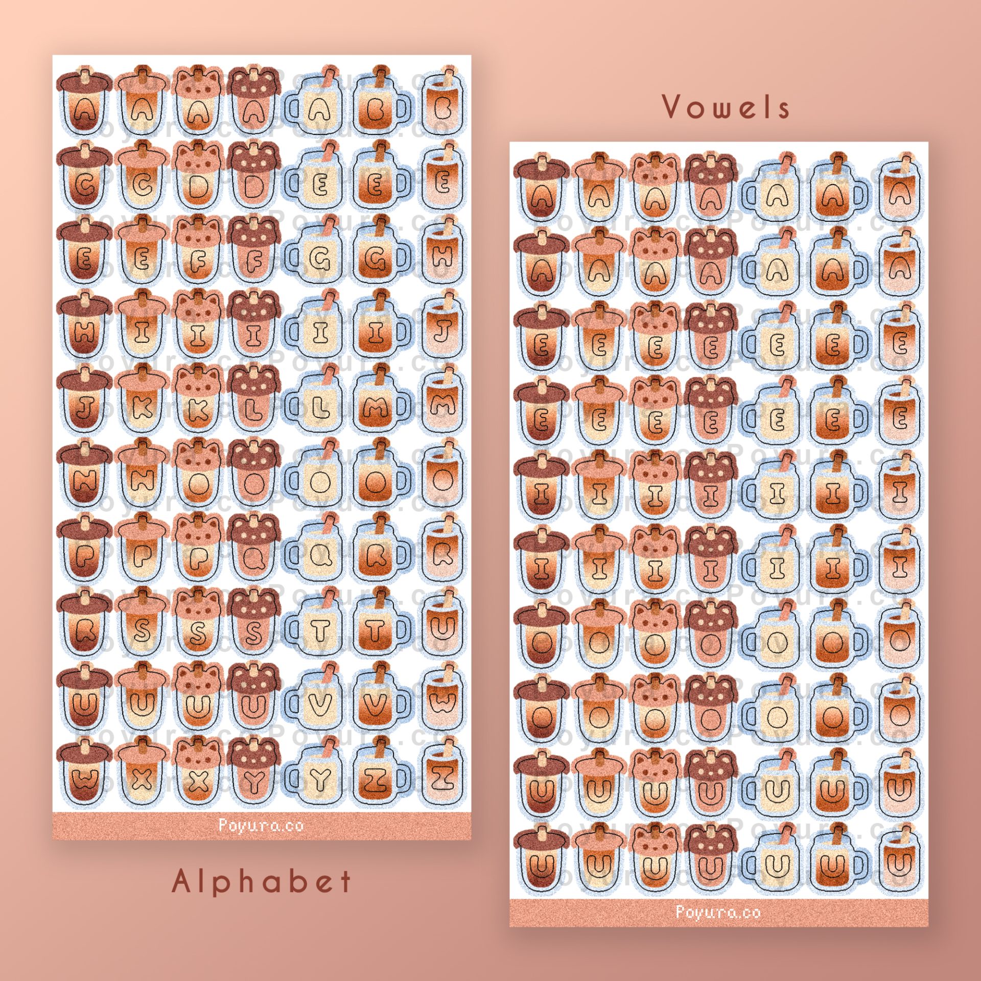 Sticker sheet of cute brown boba drinks with alphabet letter cutouts