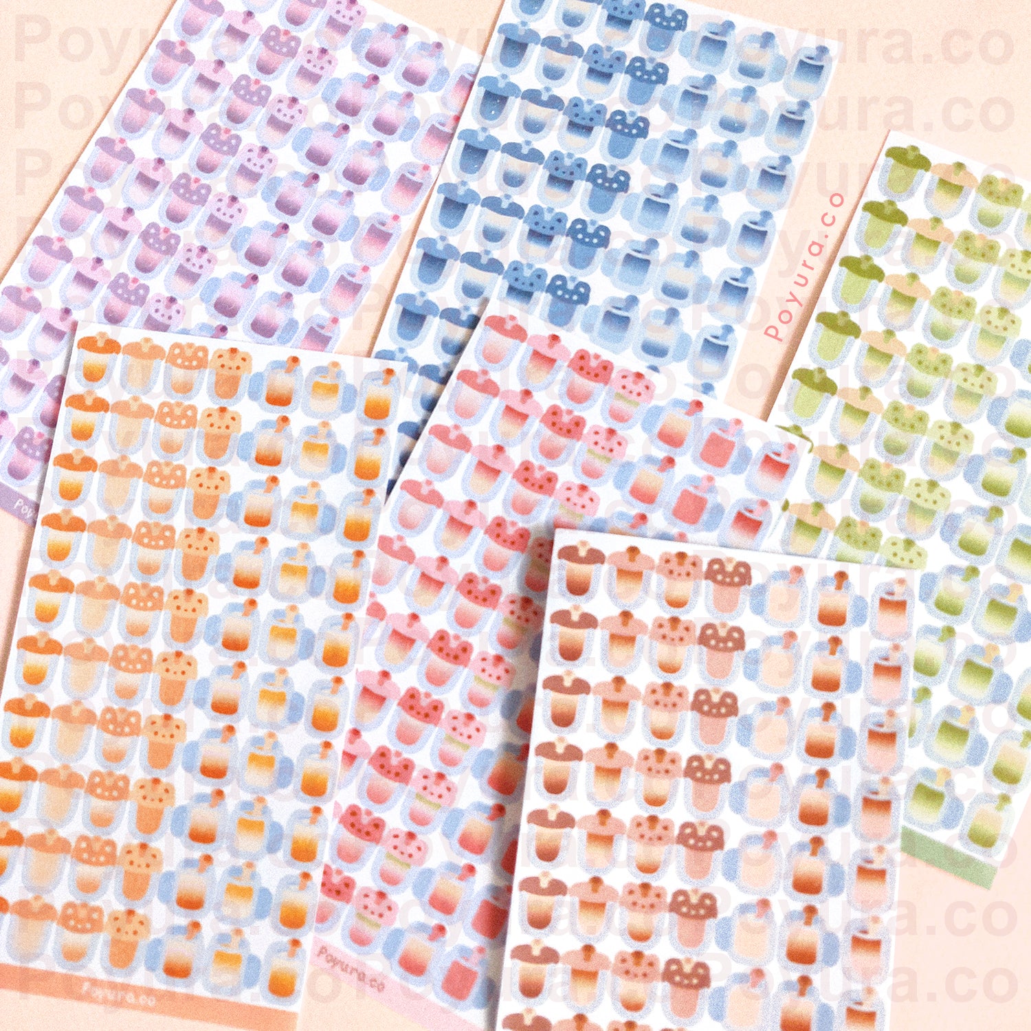 Set of 6 ticker sheets of cute bubble tea drinks with alphabet letter cutouts in different colors