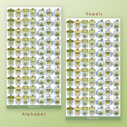 Sticker sheet of cute green boba drinks with alphabet letter cutouts