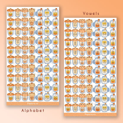 Sticker sheet of cute orange boba drinks with alphabet letter cutouts