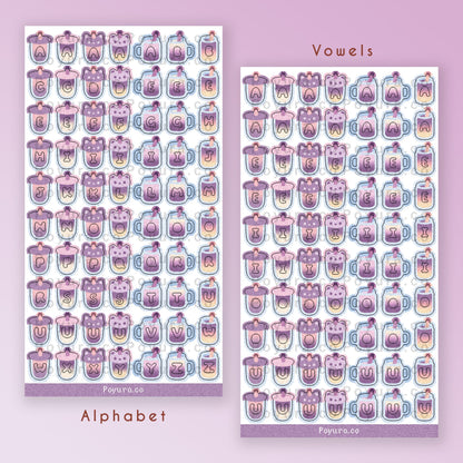 Sticker sheet of cute purple boba drinks with alphabet letter cutouts