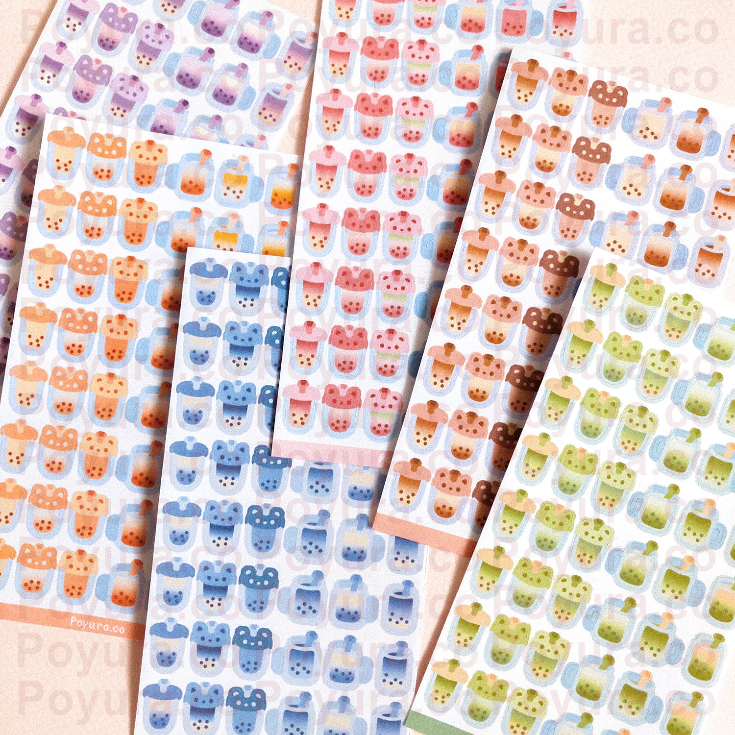 Set of six sticker sheets of different colored boba drinks