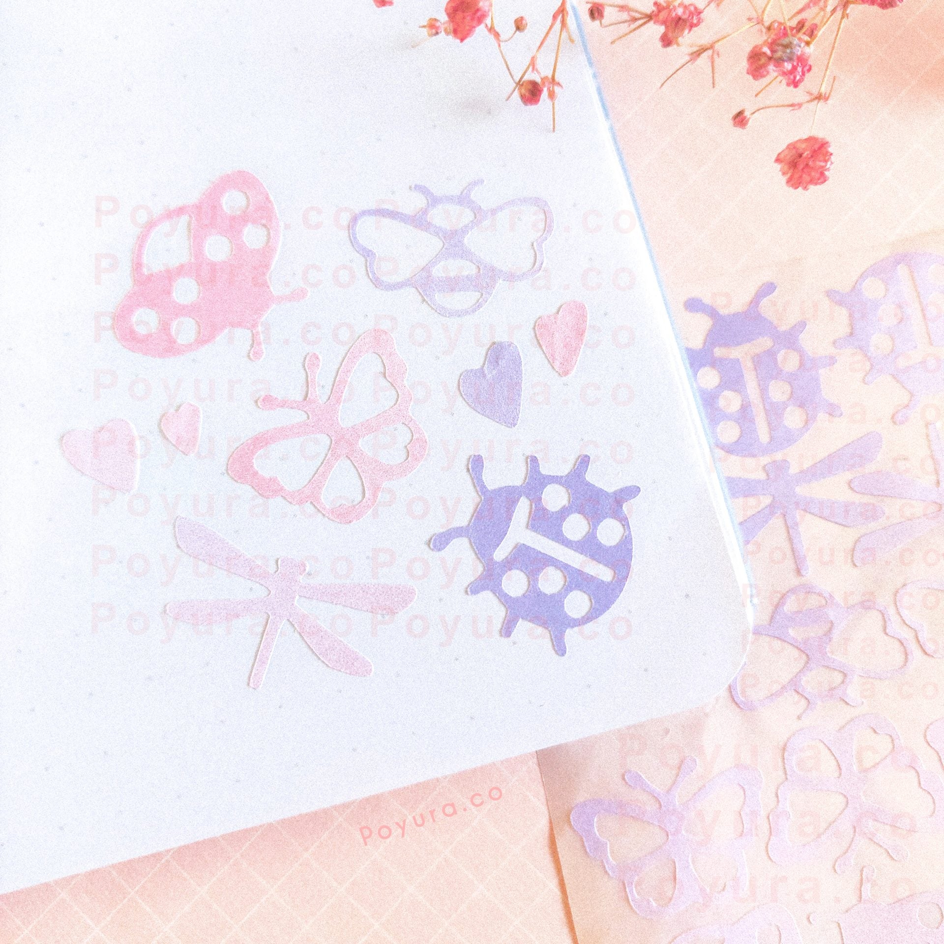 Borderless sticker with cute bug and butterfly cutouts in pink and purple tints