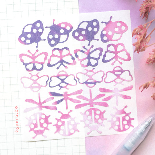 Borderless sticker with butterfly and ladybug cutouts in different purple tints