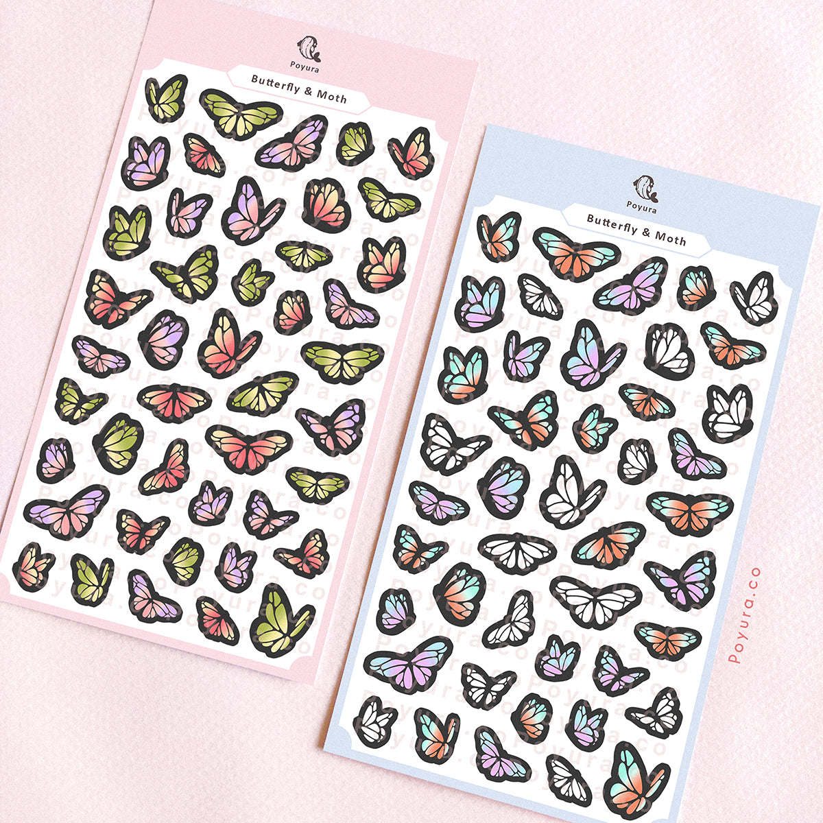 Two sticker sheets of butterflies and moths. One sheet has a warm color palette of butterflies, and the other is a cool color palette.