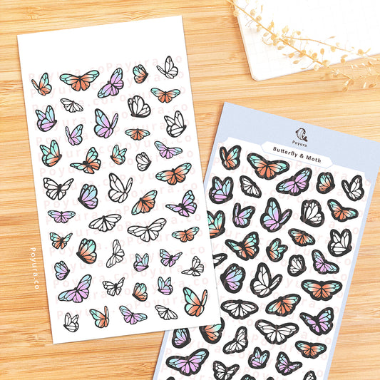 Sticker sheet of butterflies and moths. There are blue-purple, turquoise-orange, and white butterflies.