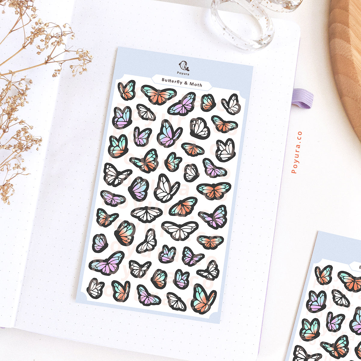 Sticker sheet of butterflies and moths. There are blue-purple, turquoise-orange, and white butterflies.