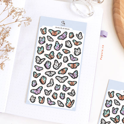 Sticker sheet of butterflies and moths. There are blue-purple, turquoise-orange, and white butterflies.