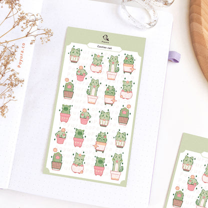 Sticker sheet of cats that look like cactus with flowers in cute pots.