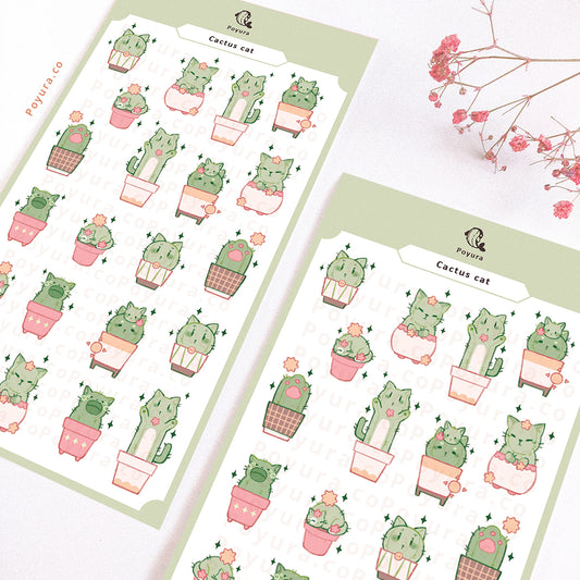 Sticker sheet of cats that look like cactus with flowers in cute pots.