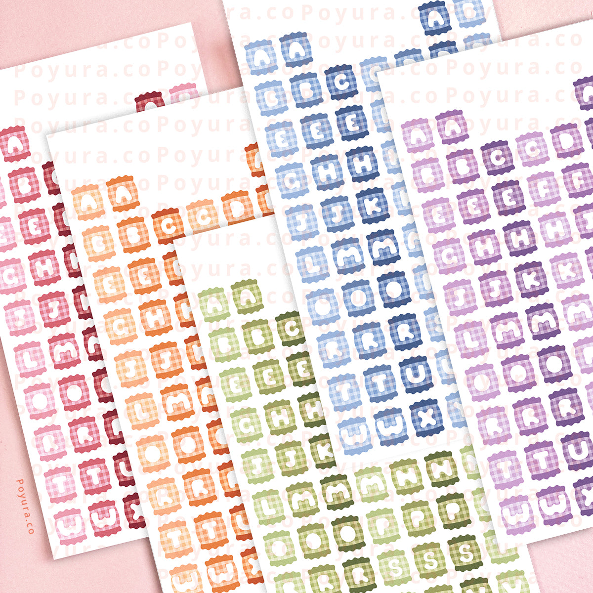 Sticker sheets of candies with alphabet letter cutouts in the center. It's available in the colors pink, orange, green, blue, and purple.