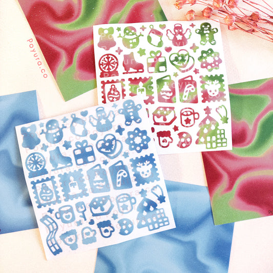 Two borderless stickers with Christmas cutouts in different blue, red and green tints