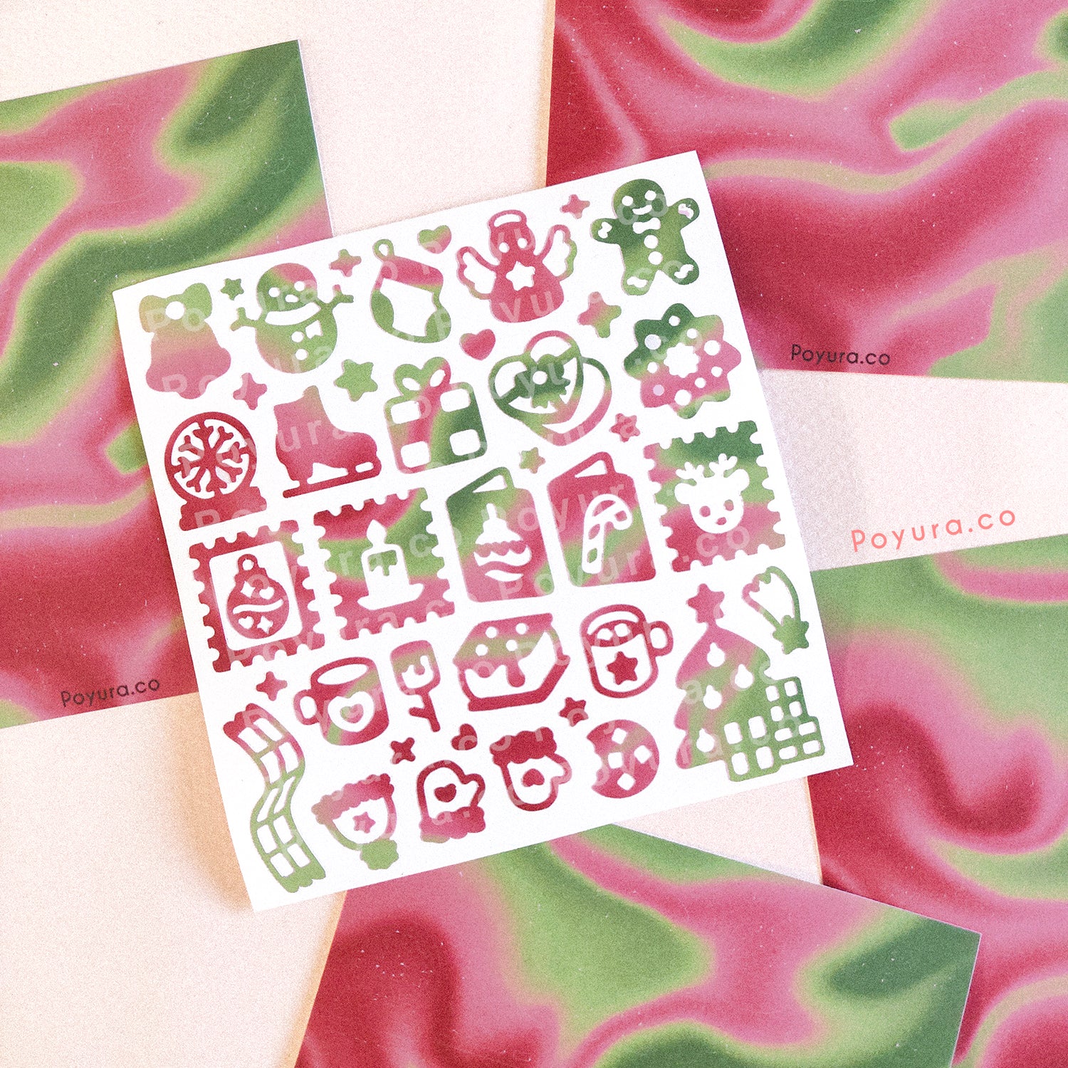 Borderless sticker with Christmas cutouts in different red and green tints