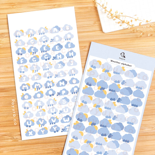 Sticker sheets of cute blue clouds with alphabet letter cutouts