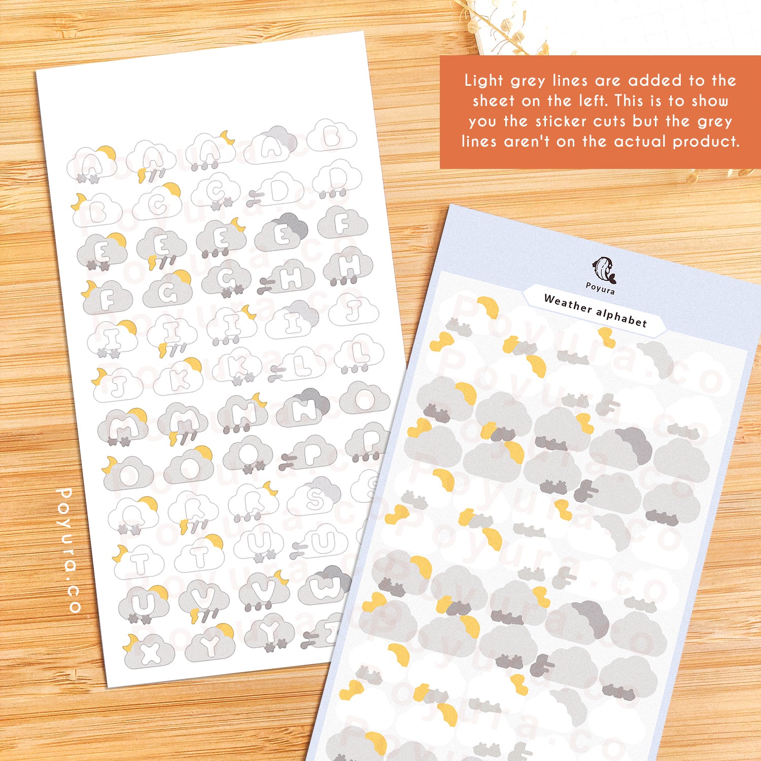 Sticker sheet of cute white and grey clouds with alphabet letter cutouts