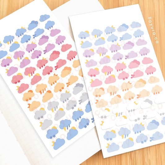 Sticker sheets of cute weather clouds in different colors