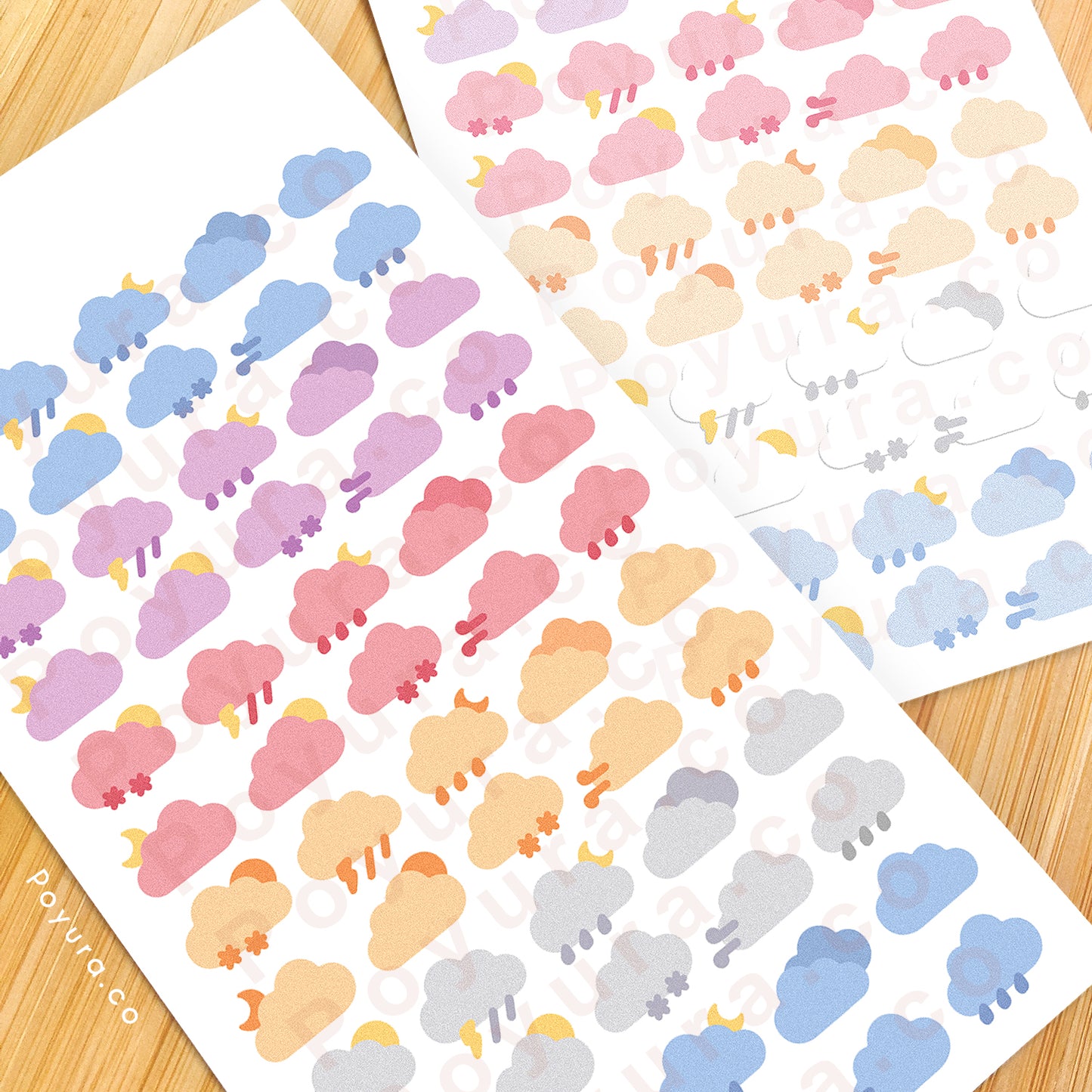 Sticker sheets of cute weather clouds in different colors