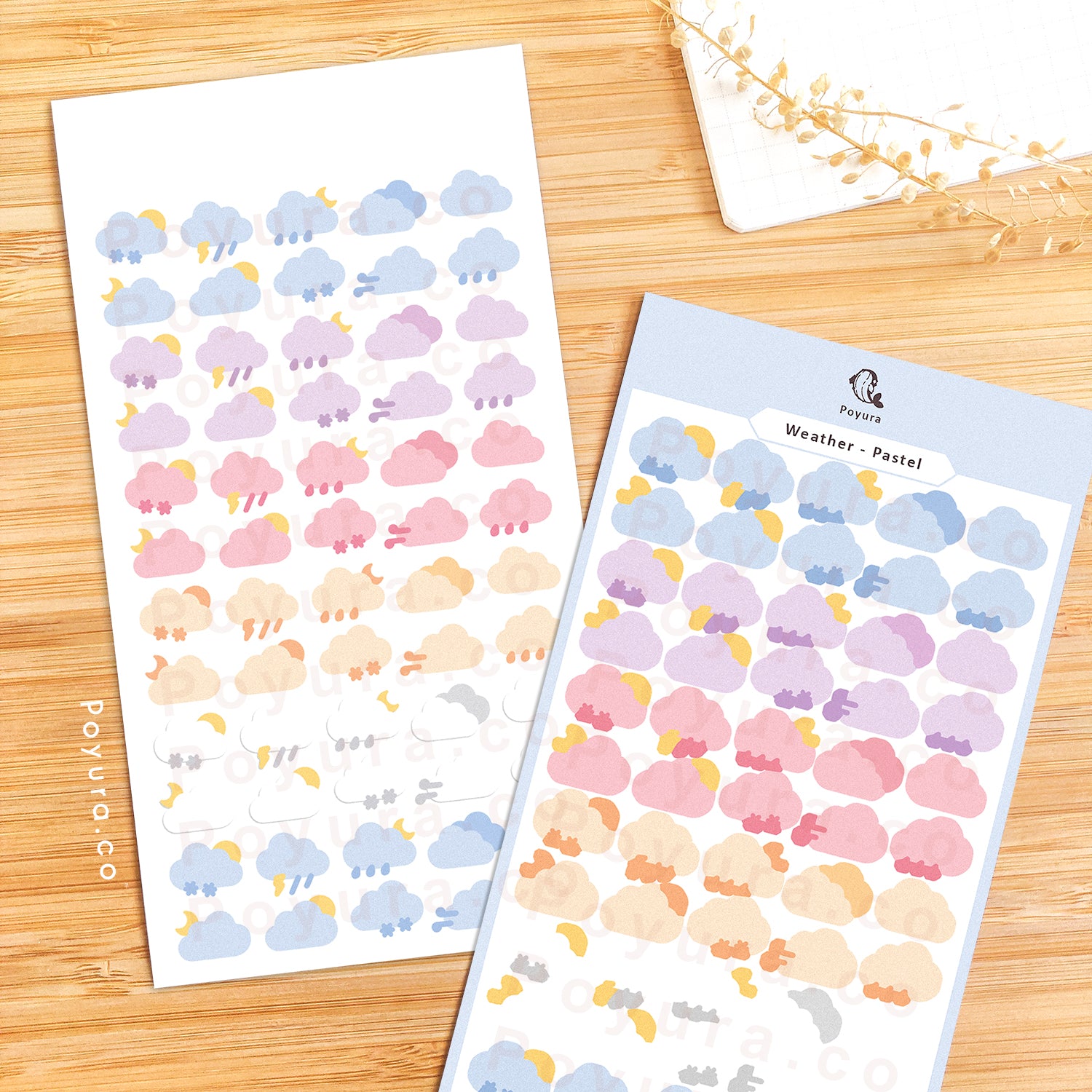 Sticker sheets of cute weather clouds in different pastel colors