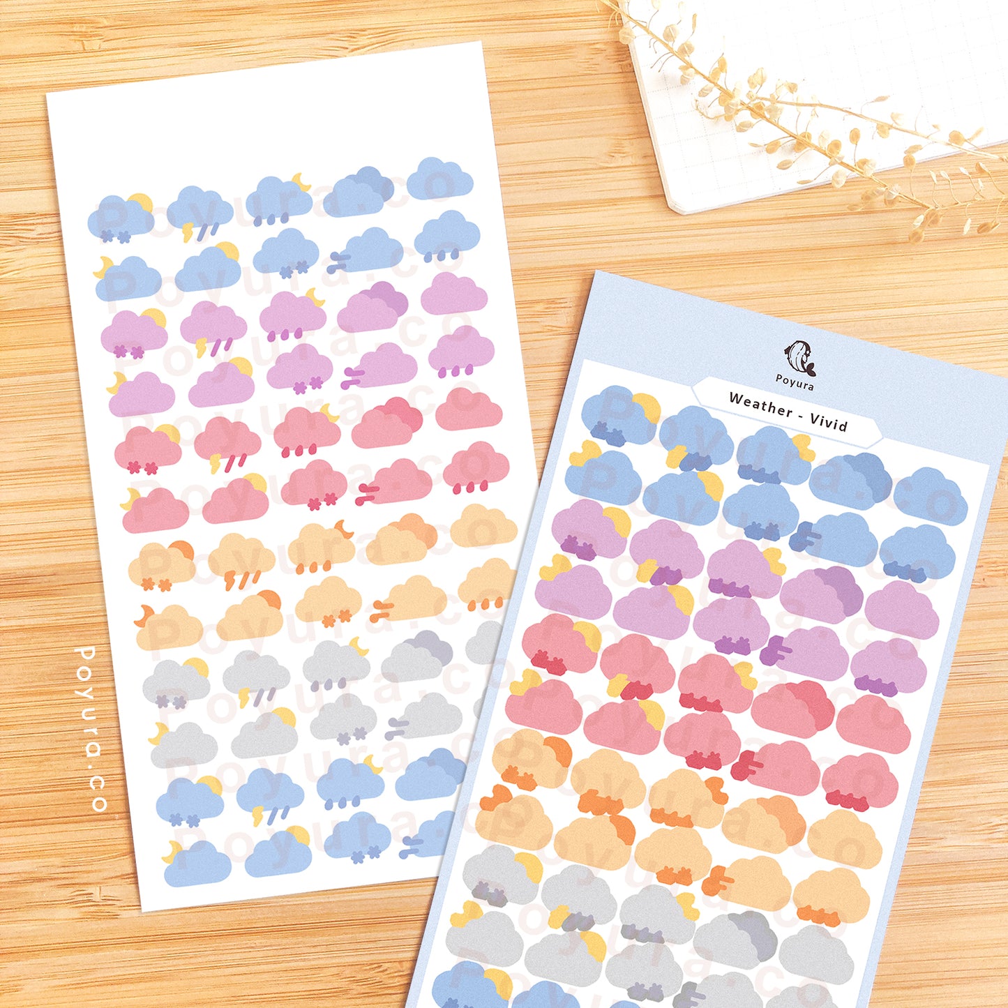 Sticker sheets of cute weather clouds in different vivid colors