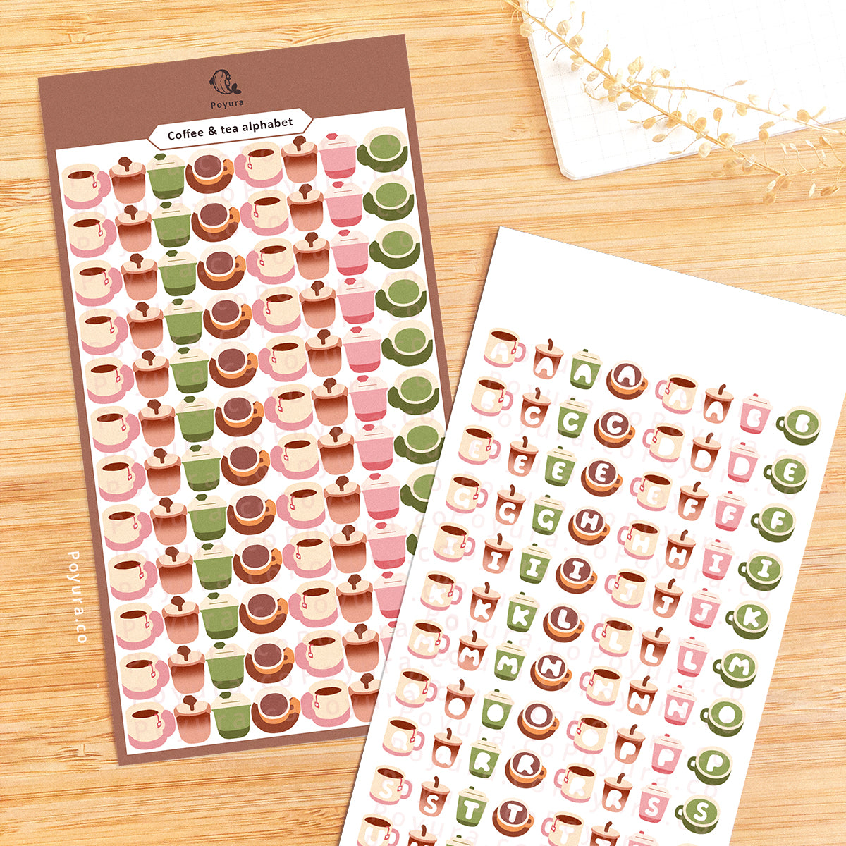 Sticker sheet of a cute cup of coffee and tea with alphabet letter cutouts