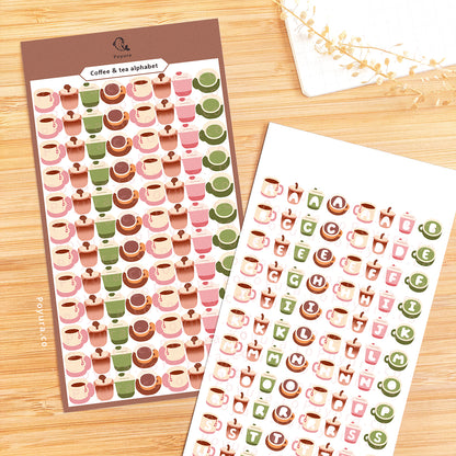 Sticker sheet of a cute cup of coffee and tea with alphabet letter cutouts