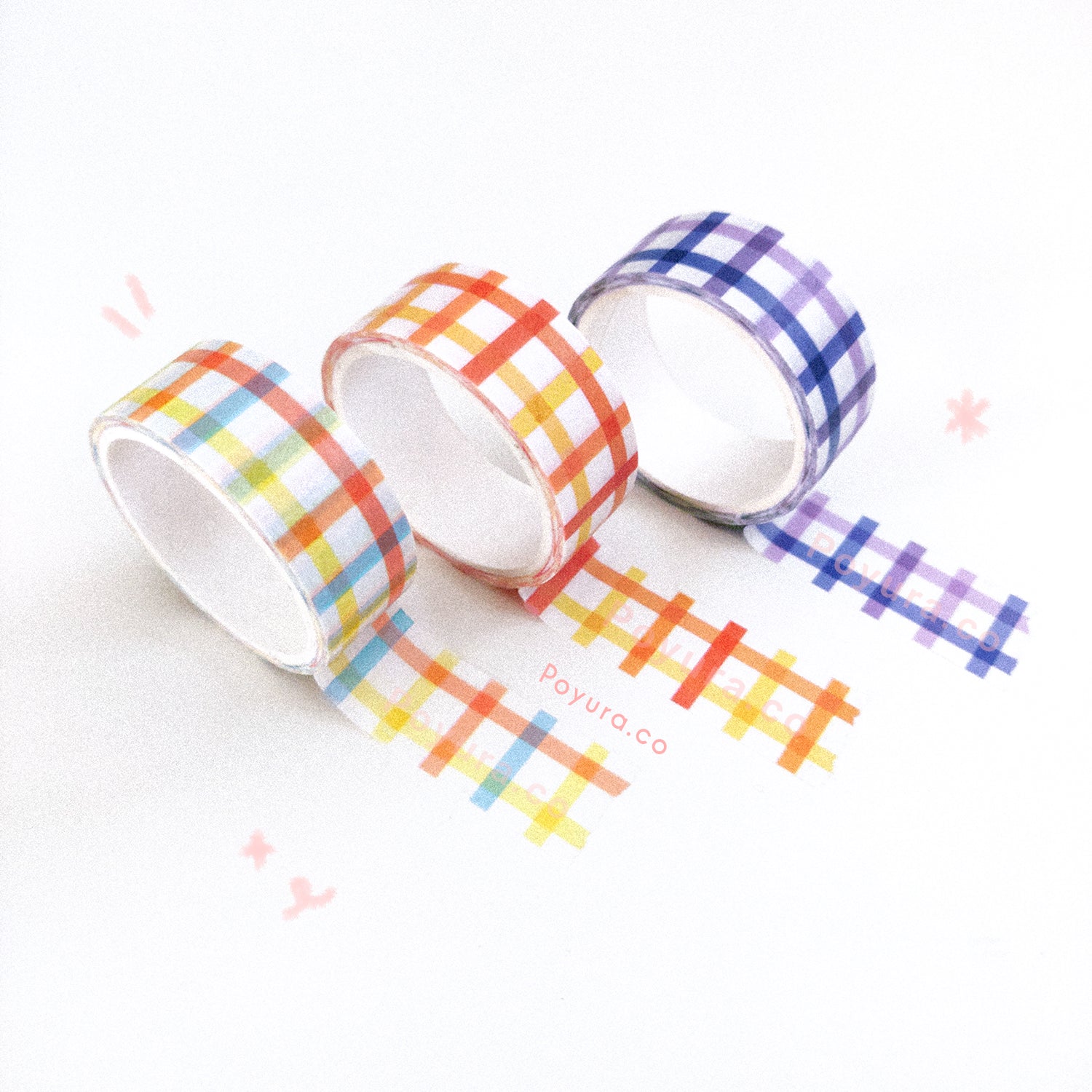 Set of three grid washi tape, colorful, red orange, and purple blue