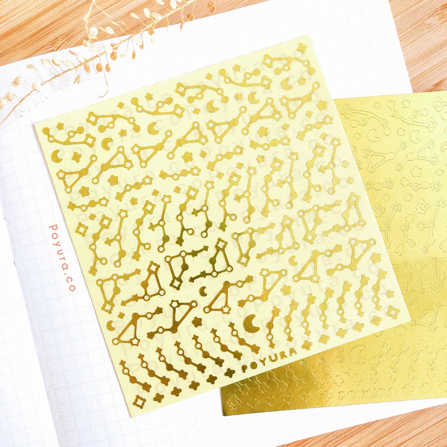 Borderless sticker with constellation star cutouts in gold foil