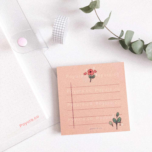 Pink square memo notepad with red flower and leaves