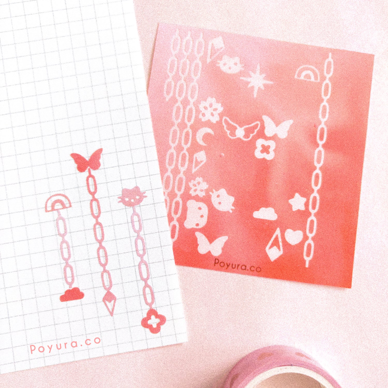 Borderless sticker with DIY chains and cute shapes cutouts in red tints