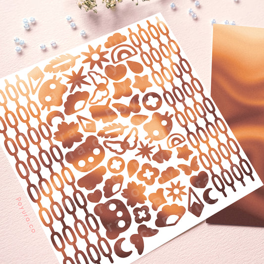 Borderless sticker with chain and shapes cutouts in different brown tints