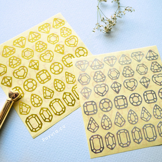Gemstone deco sticker colorway color palette korean photocard toploader penpal bujo journal planner sticker sheet tiny confetti gold silver foil foiled sticker stone diamond crystal tower amethyst rose quartz citrine emerald heart princess pear cut