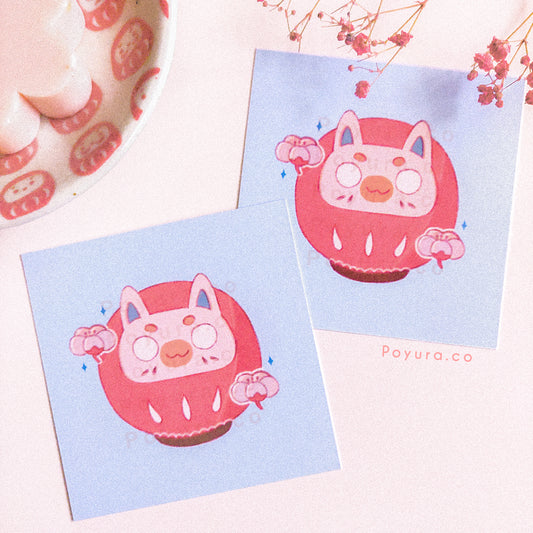 Mini art print of Japanese daruma cat with sakura flowers 