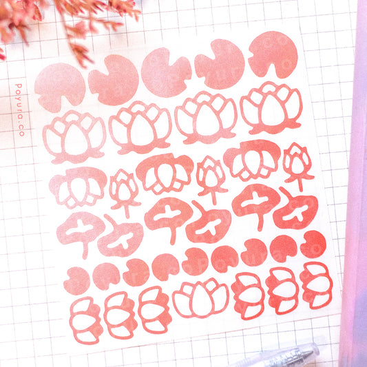Lotus flower deco sticker sheet mini filler tiny small confetti deco kpop polco polariod toploader aesthetic cute bullet journal bujo planner anime diary scrapbook spread sticker sheet flower houseplant plant leaf leaves floral flower nature tree fall foliage lily pad koi fish pond genshin