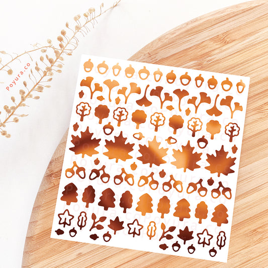 Borderless sticker with leaf and acorn cutouts in different brown tints