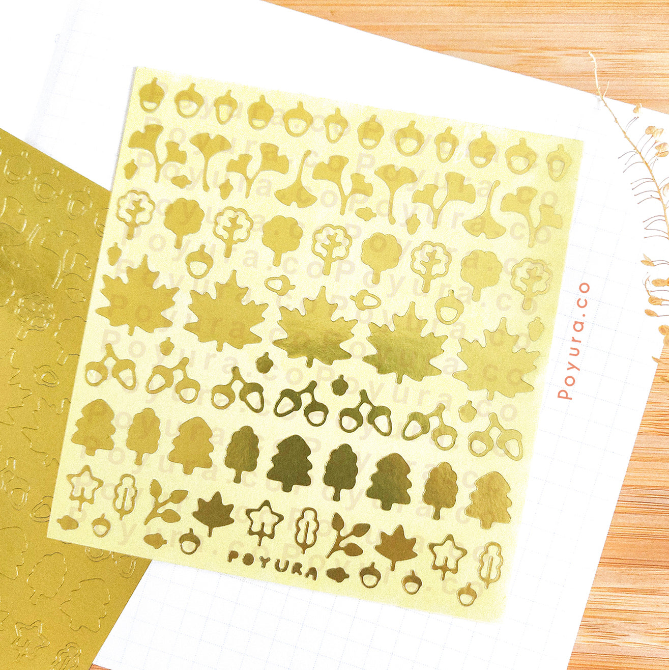 Borderless sticker with leaf and acorn cutouts in gold foil