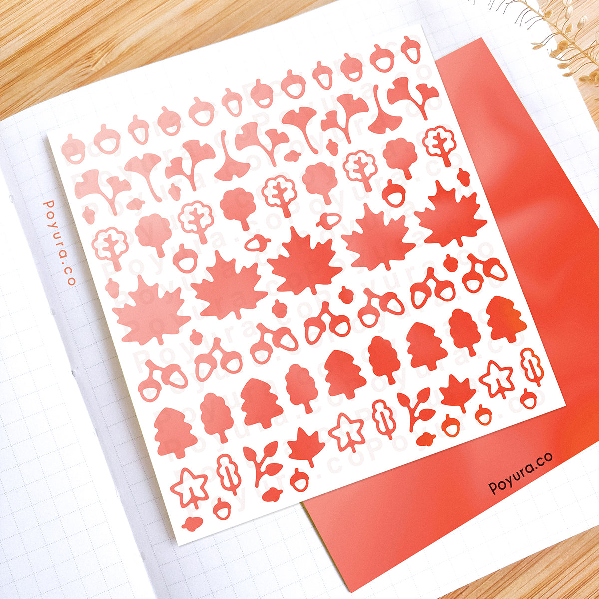Borderless sticker with leaf and acorn cutouts in different red tints