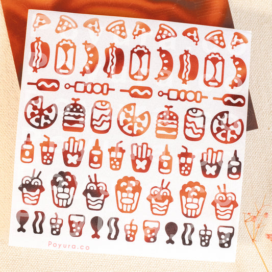 Borderless sticker with fast food cutouts in different brown tints