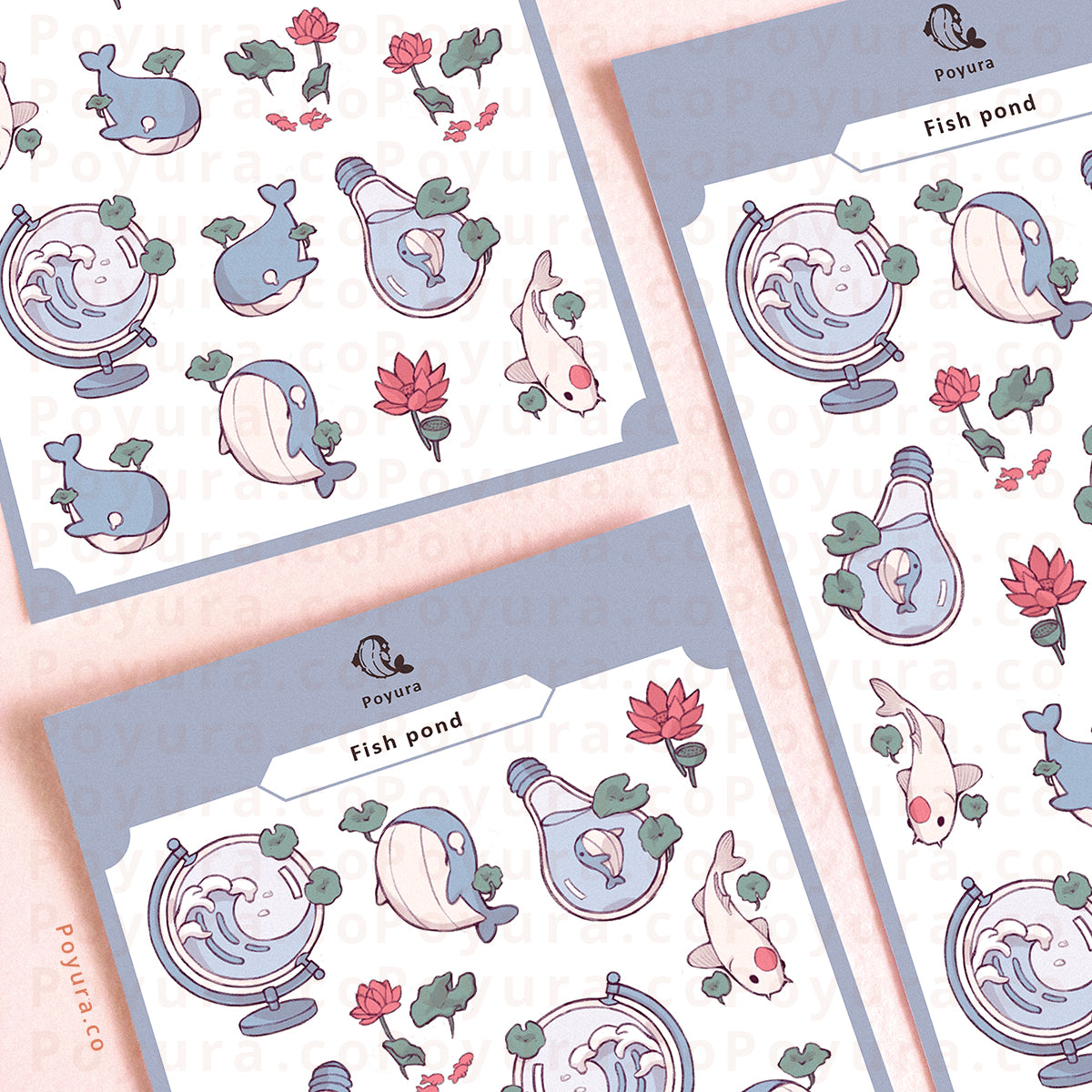 Sticker sheets with whales, koi fishes, and red lotus flower stickers.