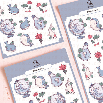 Sticker sheets with whales, koi fishes, and red lotus flower stickers.