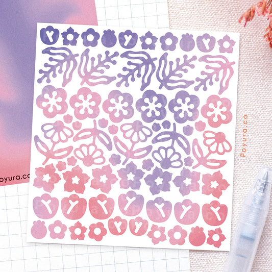 Borderless sticker with cute leave and flower cutouts in different pink and purple tints