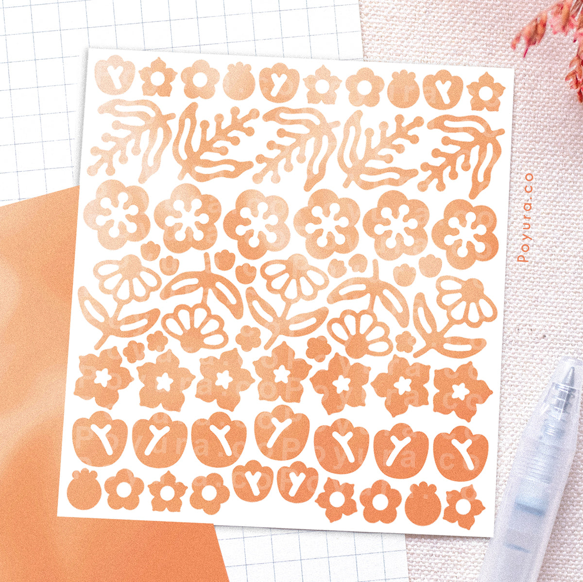 Borderless sticker with cute leave and flower cutouts in different orange tints