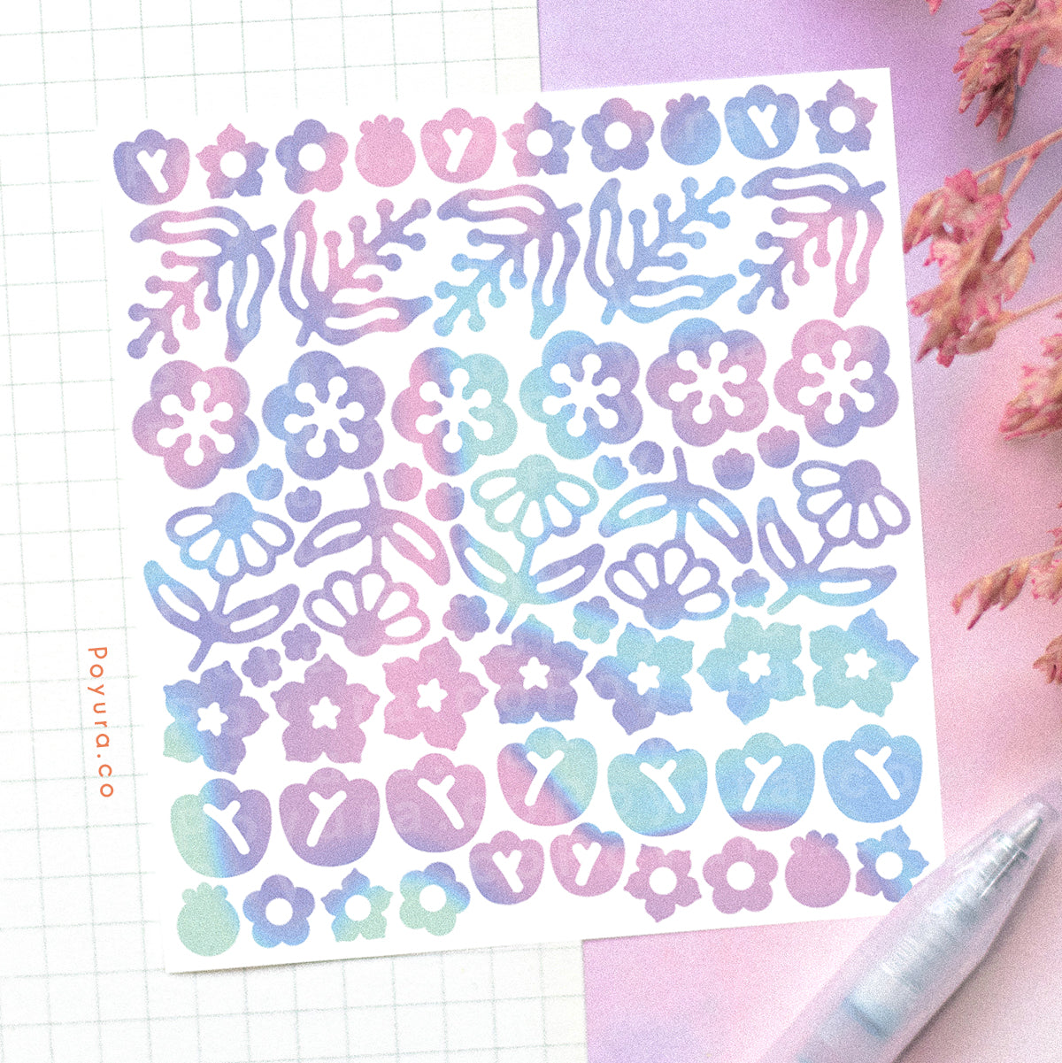 Borderless sticker with cute leave and flower cutouts in different pink, purple, and blue tints