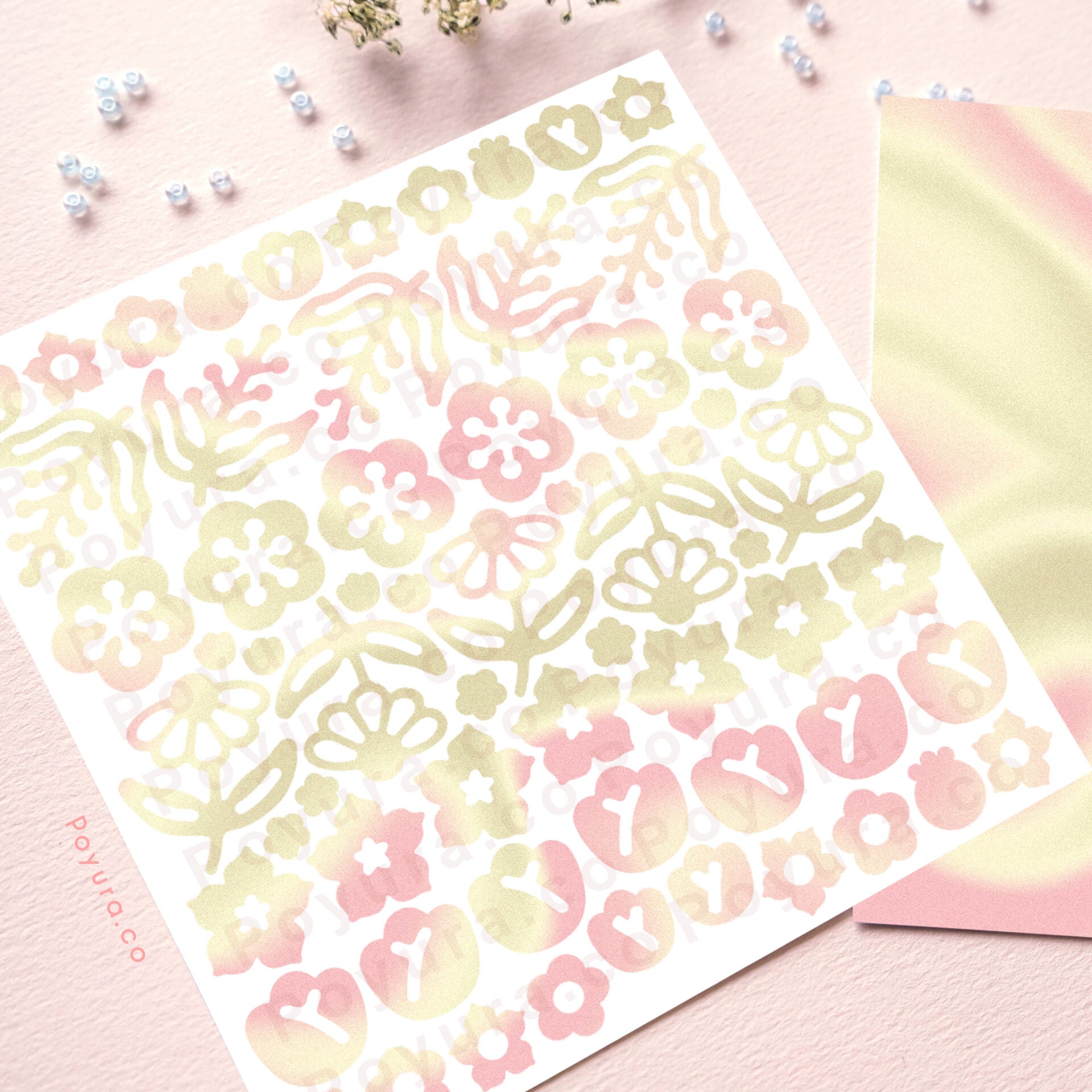 Borderless sticker with flowers cutouts in different green and pink tints