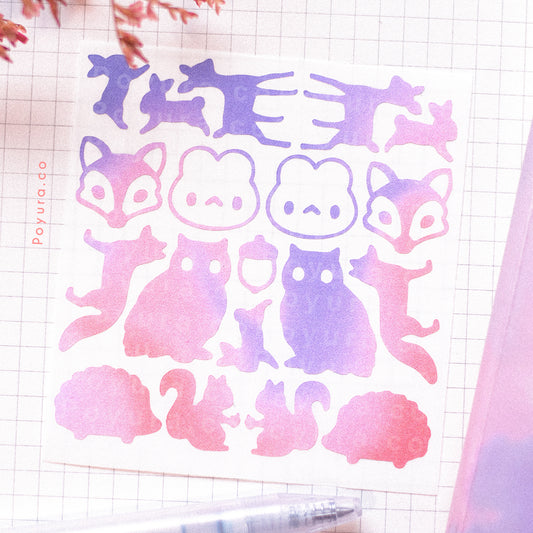 Borderless sticker with forest animal cutouts in different pink and purple tints