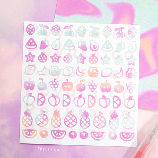 Borderless sticker with fruit cutouts in different purple, blue, and orange tints