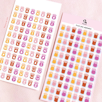 Sticker sheet of cute fruit jam with alphabet letter cutouts