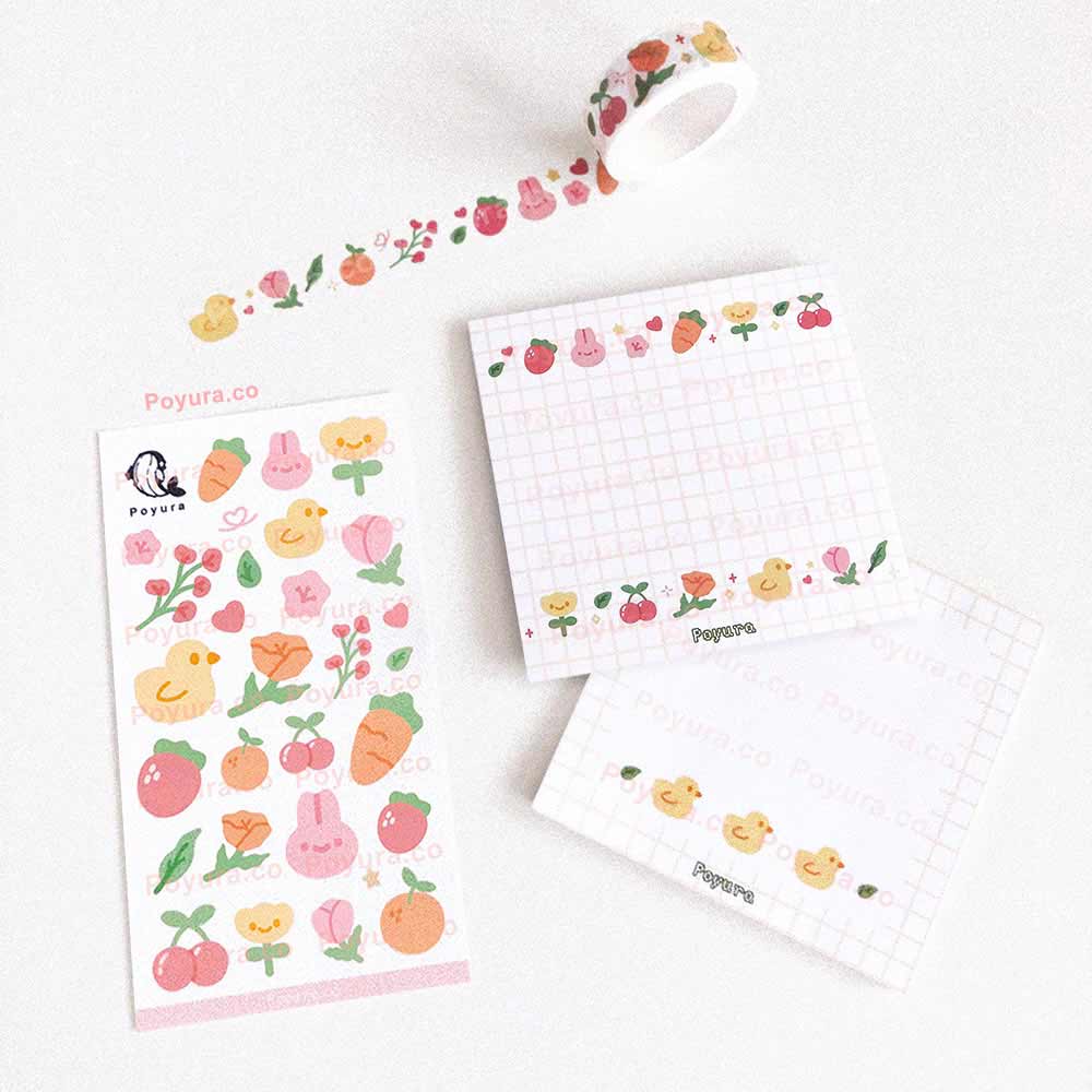 Garden friends flower strawberry duck washi tape memo notepad set bundle pack
