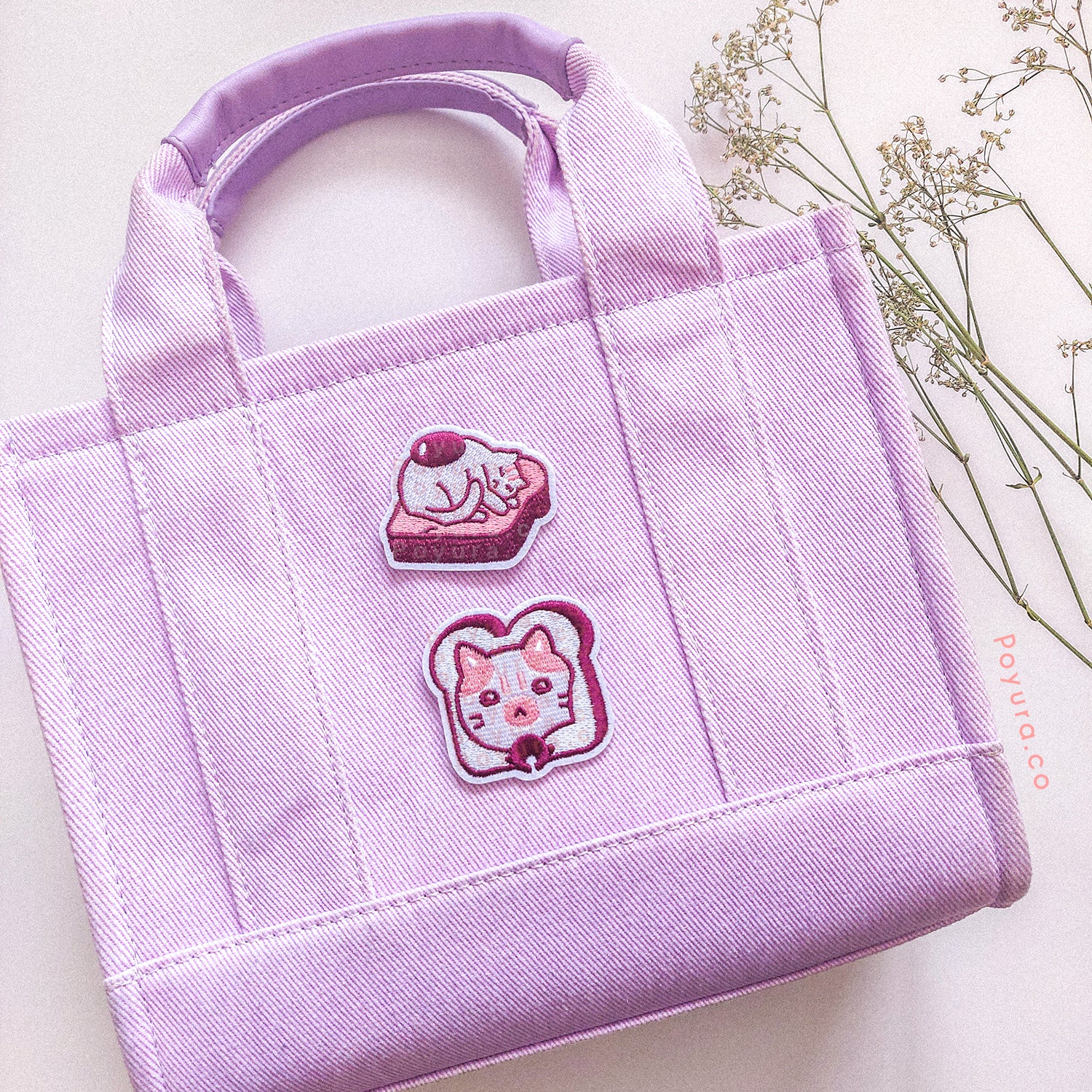 Two cute red embroidery patches of cats and egg toast