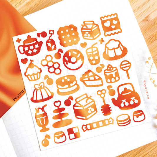 Borderless tiny sticker with high tea snacks cutouts in red and orange tints