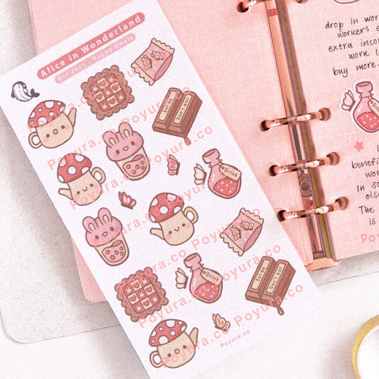 Alice in wonderland bunny mushroom food drink potion butterfly time for tea cup magical playing card queen of hearts aesthetic cute polco deco kpop journal toploader sticker sheet